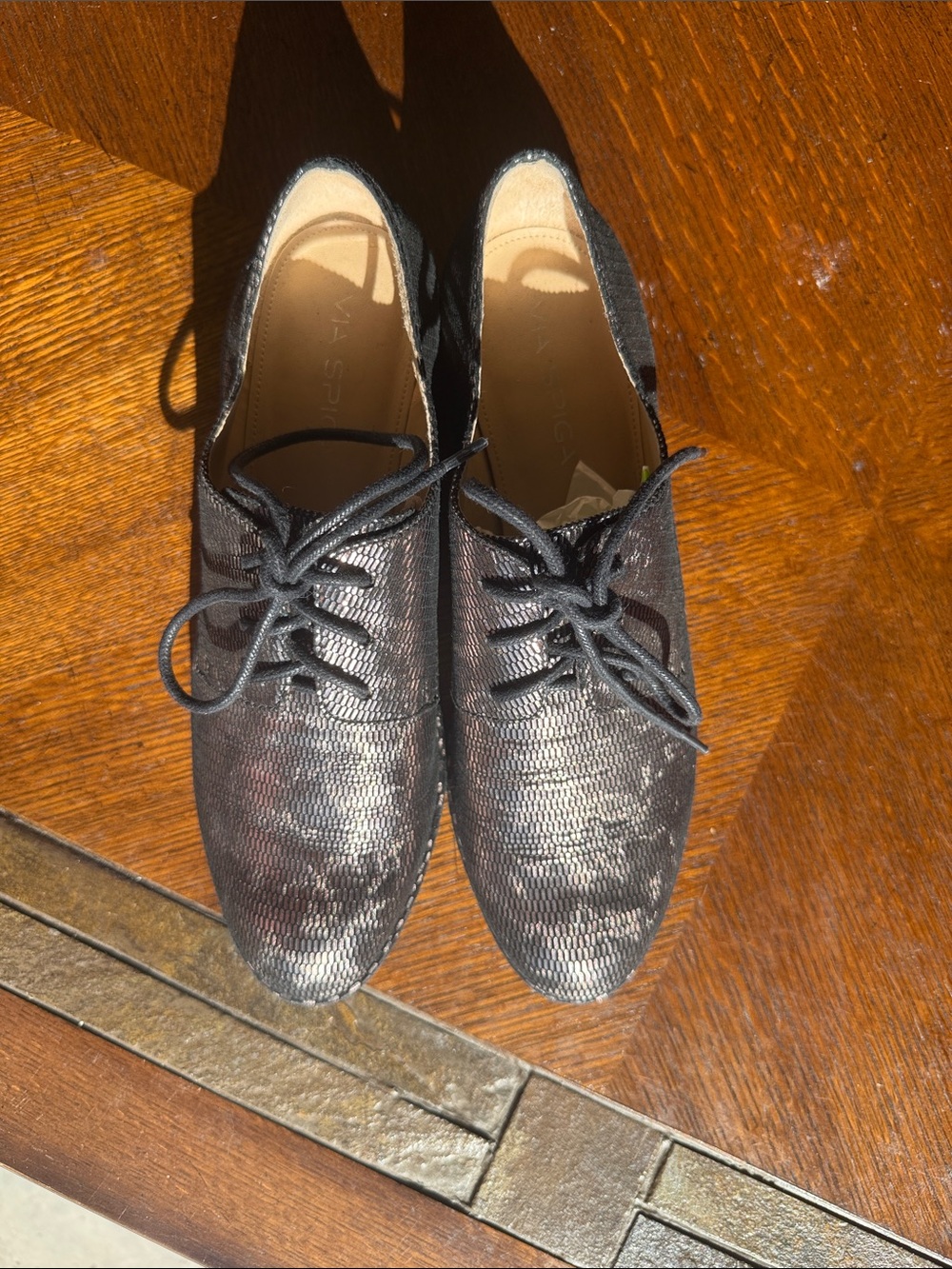Via Spiga Black Textured Lace-Up Flats